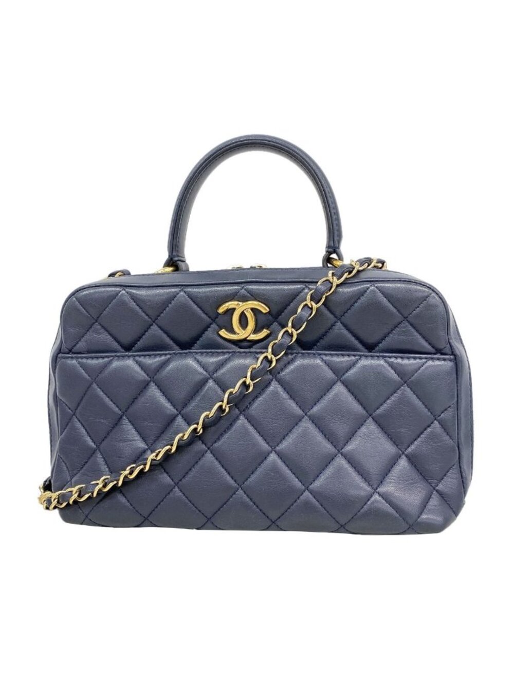 Chanel Handbag Quilted Lambskin Navy Champagne Gold 2-Way Bag